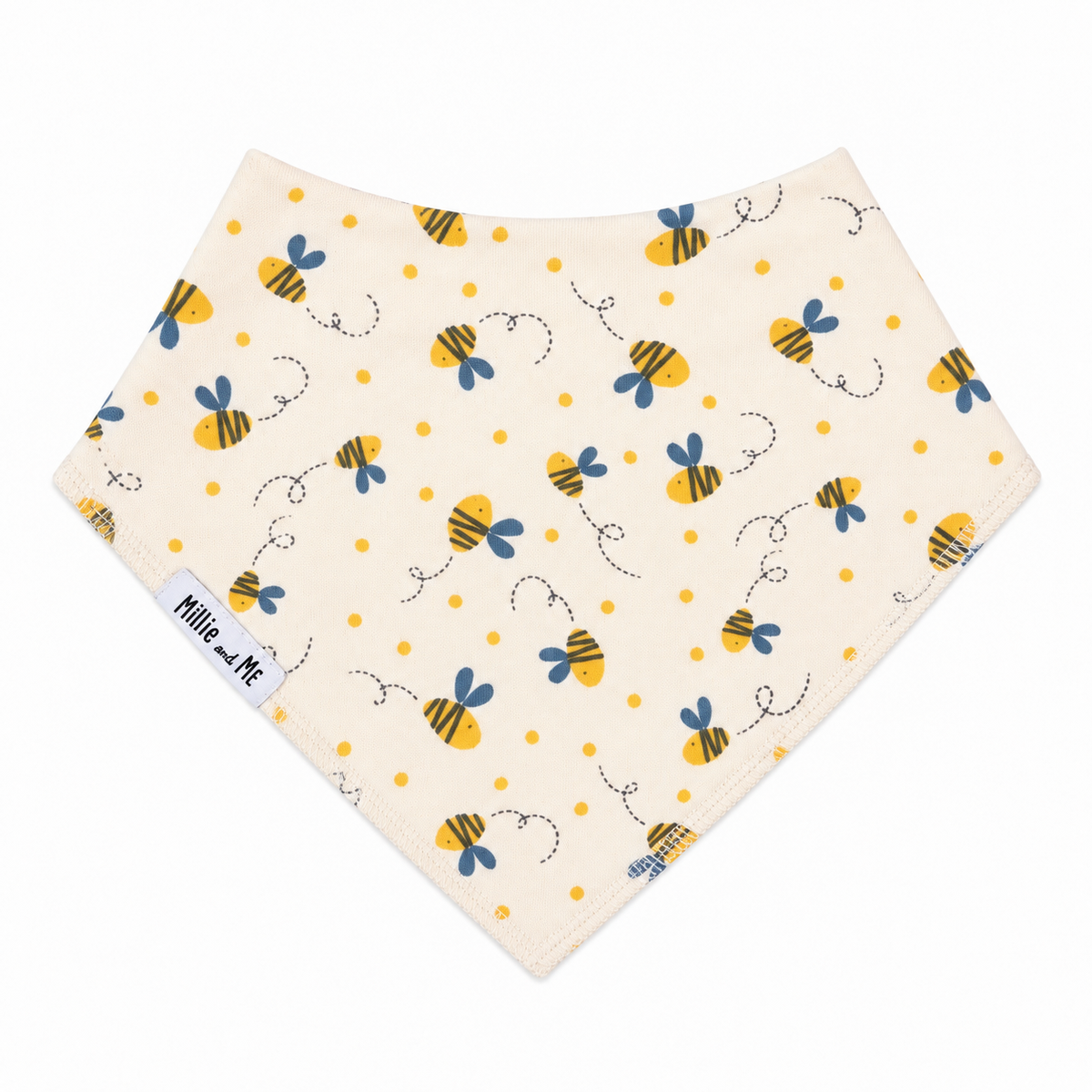 Bee print organic cotton bandana bib in cream with yellow and blue bees and dotted bee trails.