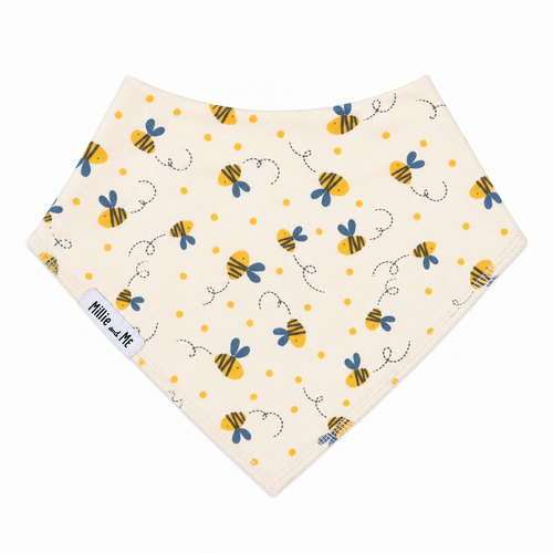 Bee print organic cotton bandana bib in cream with yellow and blue bees and dotted bee trails.