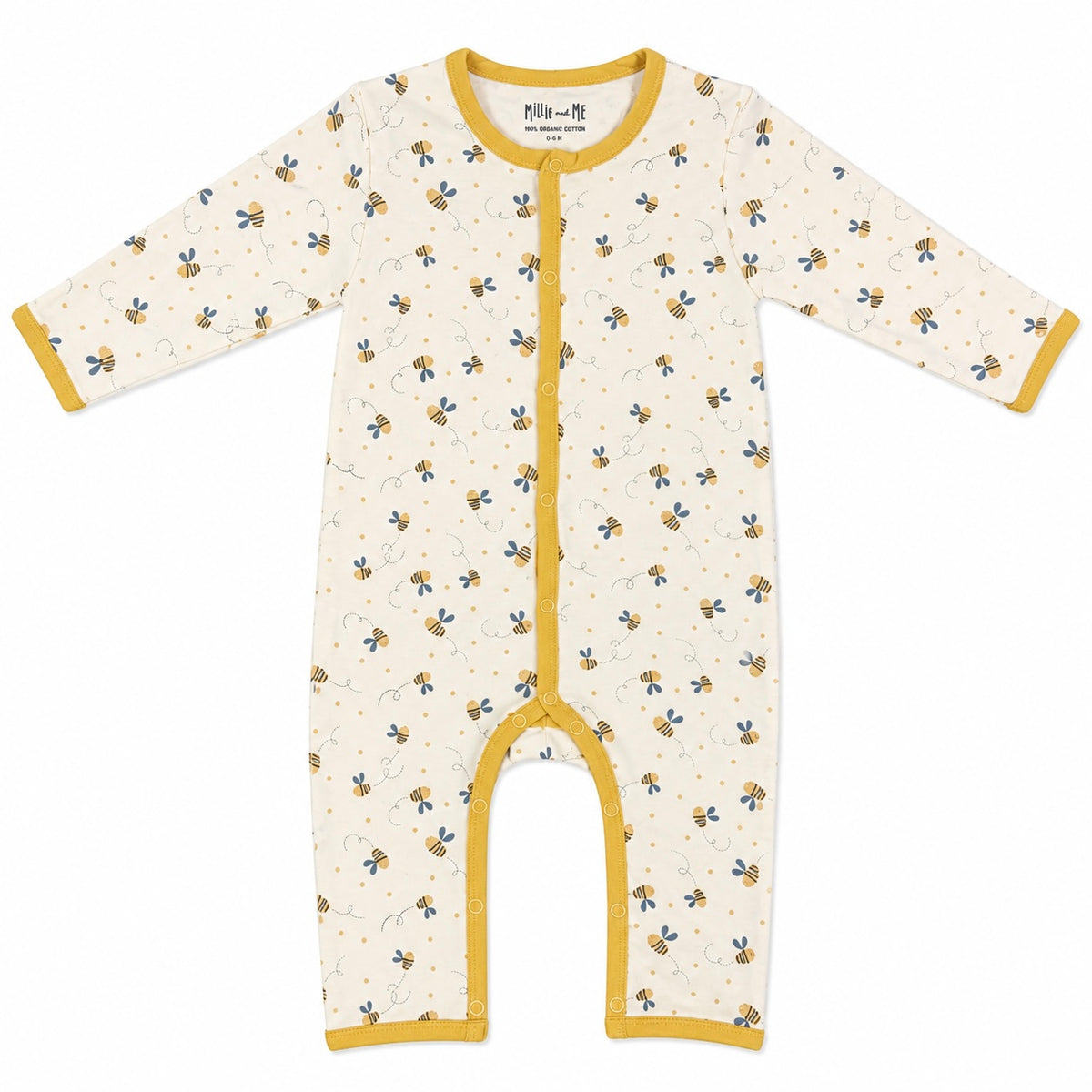 Millie and Me organic cotton baby romper in cream with bumblebee print and mustard yellow trim, featured in the Beautiful Beginnings baby gift hamper, Ireland