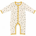 A long-sleeve baby footless one-piece romper in cream with a yellow zipper and trim, featuring a small bee pattern across the front.