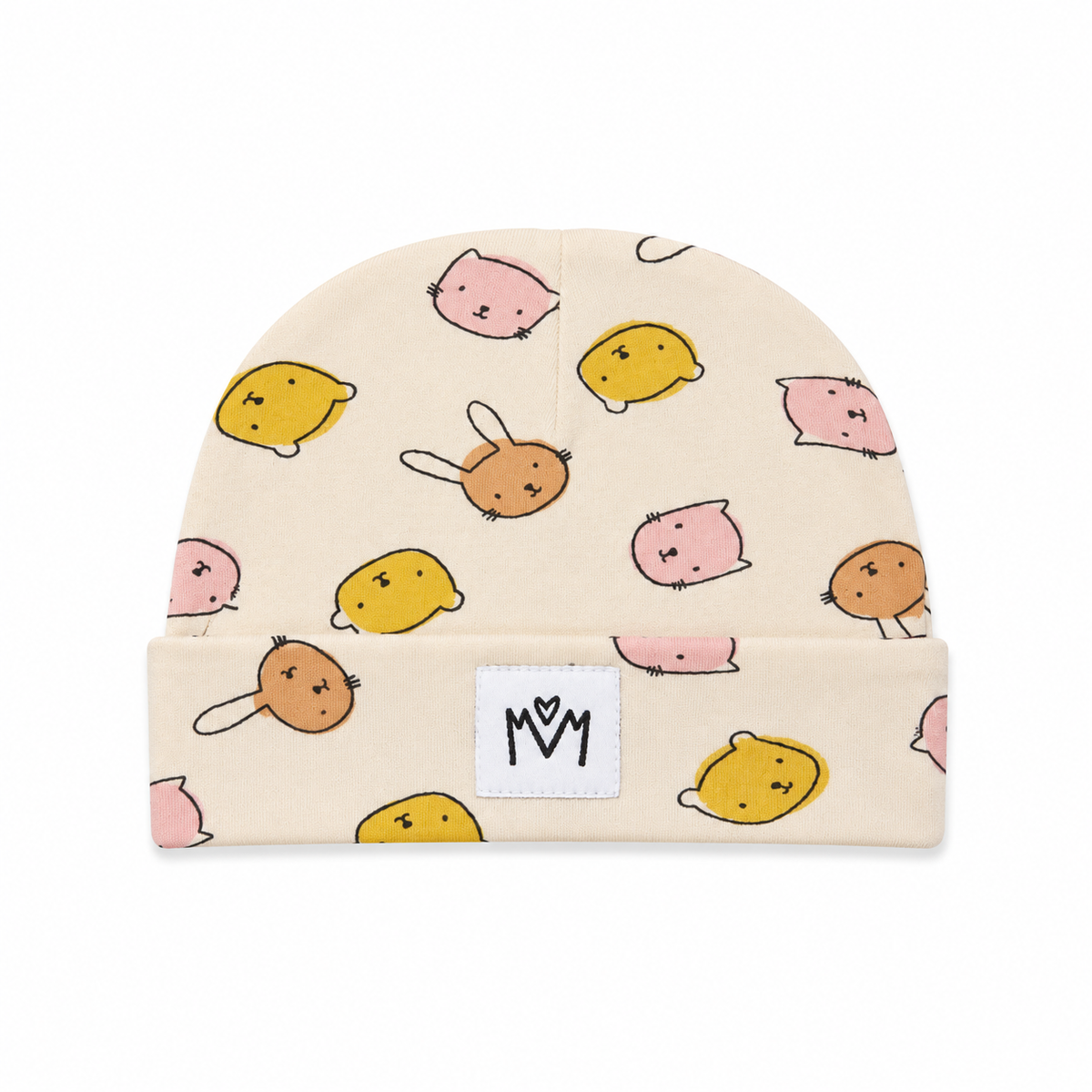 A cream-colored baby beanie hat featuring a playful pattern of cute cartoon animals like hamsters, rabbits, and cats in pink, yellow, and orange. It has a folded cuff with a white square patch displaying the stylized 'M' logo.