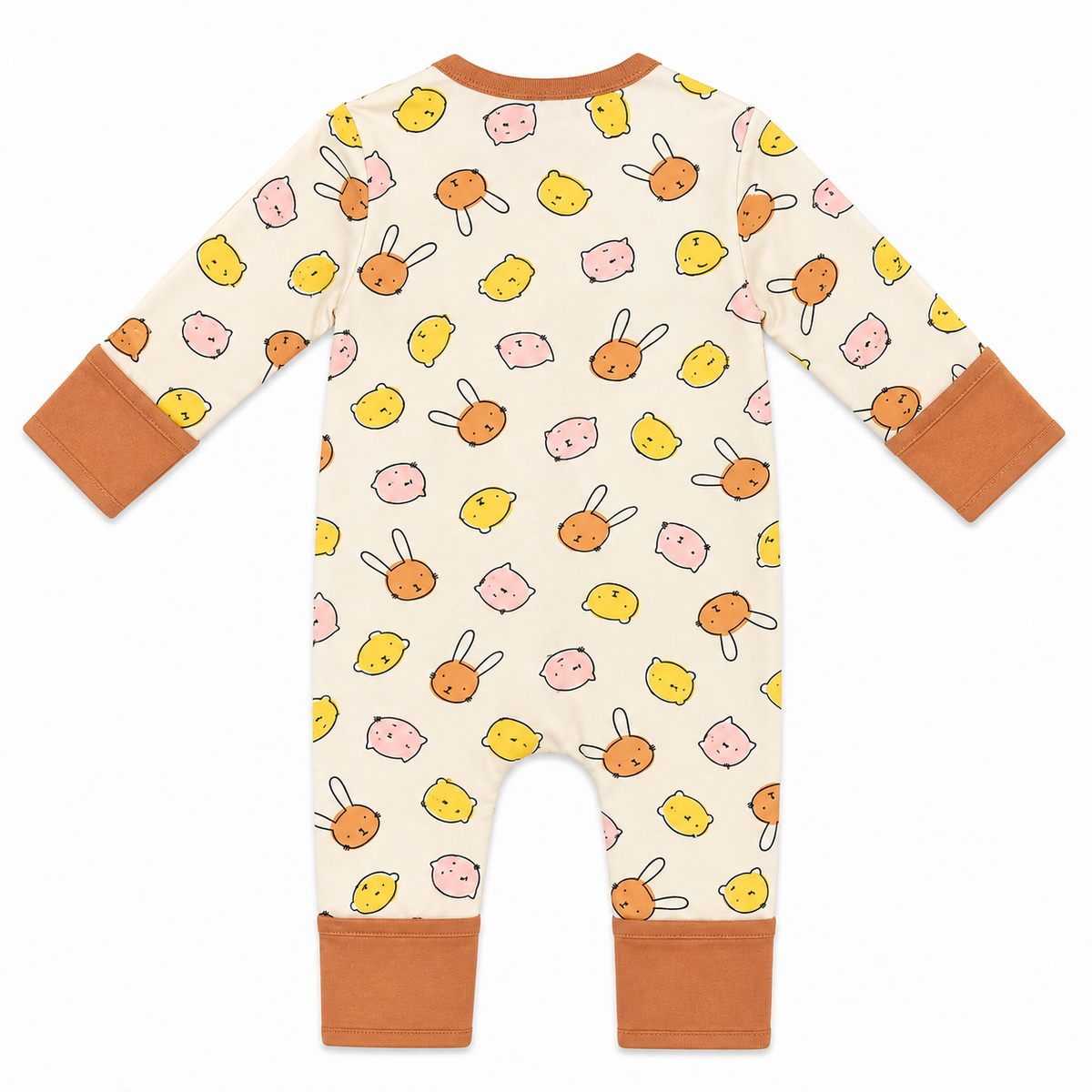 Organic cotton baby sleepsuit with colourful bunny print, long sleeves and soft rust cuffs – Millie and Me babywear