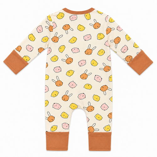 Organic cotton baby sleepsuit with colourful bunny print, long sleeves and soft rust cuffs – Millie and Me babywear