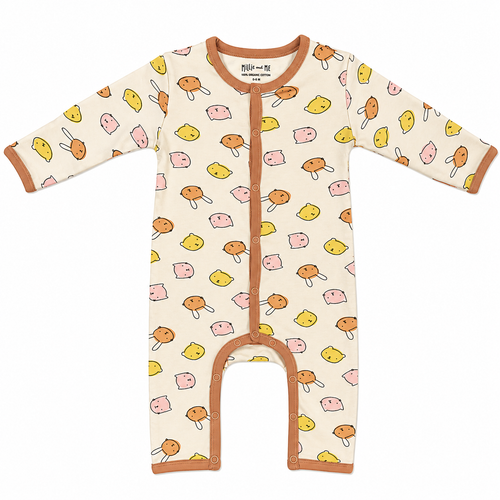 A long-sleeve baby footless romper in cream with a playful cartoon animal print in yellow, orange, and pink, featuring orange trim.