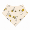 Millie and Me Bunny on Bike Bandana Bib, featuring an adorable bunny riding a bicycle print with mustard yellow wheels on a soft cream background, made from 100% organic cotton with adjustable nickel-free poppers for babies from newborn to 24 months.