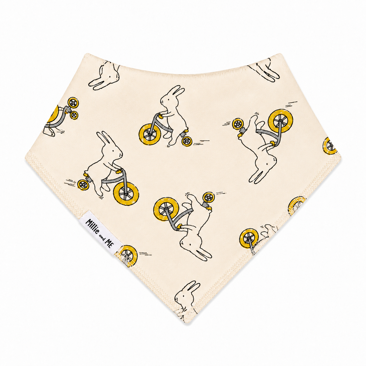 Millie and Me Bunny on Bike Bandana Bib, featuring an adorable bunny riding a bicycle print with mustard yellow wheels on a soft cream background, made from 100% organic cotton with adjustable nickel-free poppers for babies from newborn to 24 months.