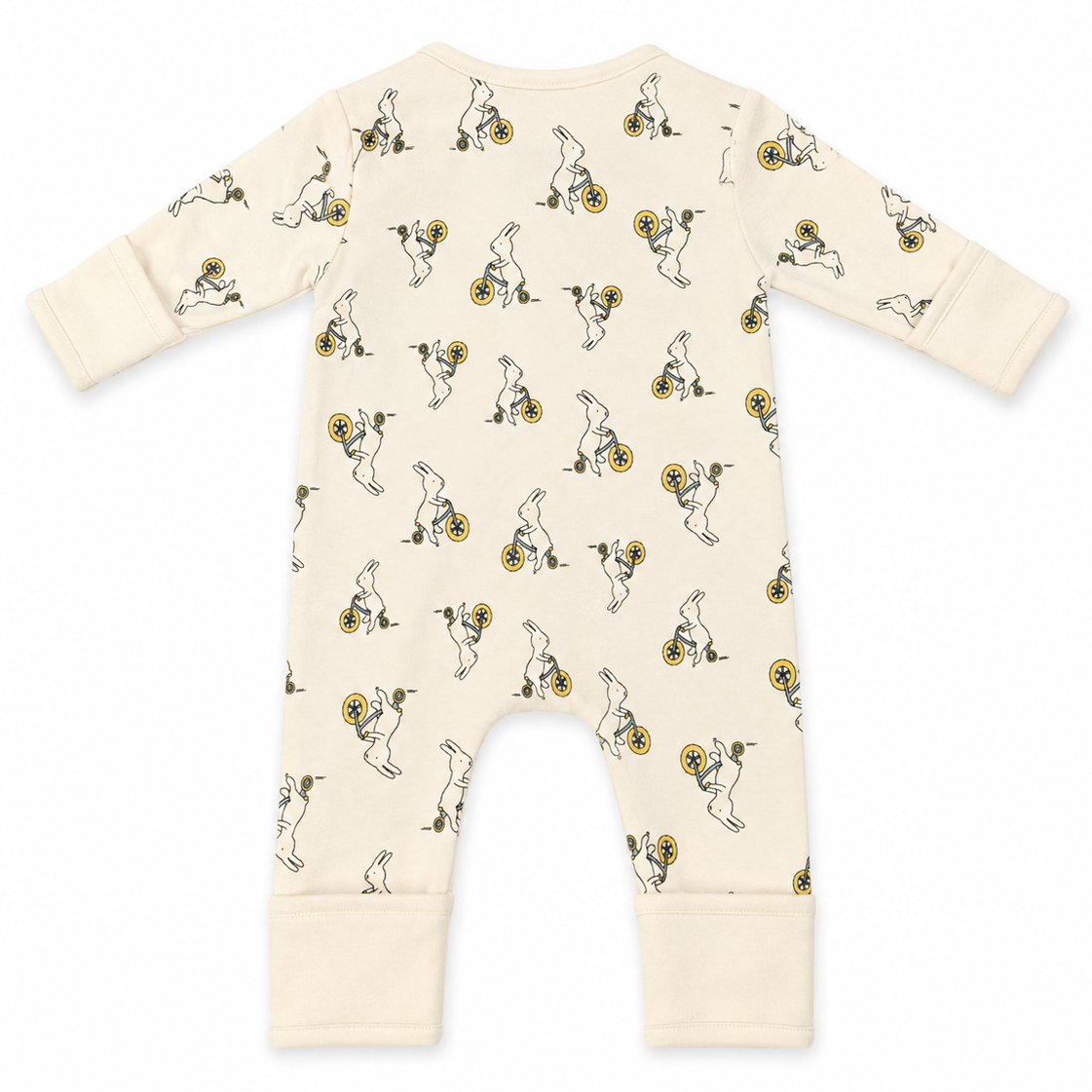 A cream-colored baby long-sleeve footless romper with an all-over print of cartoon rabbits riding yellow bicycles, shown flat on a white background.