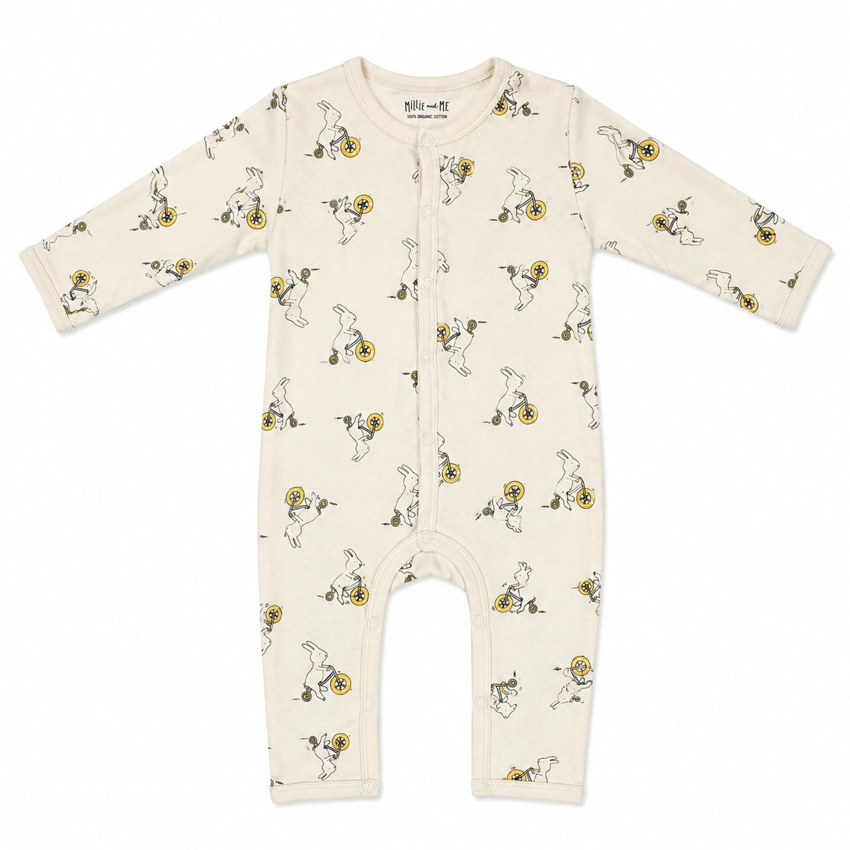 An infant long-sleeve footless one-piece romper in cream, featuring an all-over print of cartoon rabbits riding yellow bicycles. The romper has a center front zipper and is photographed flat against a solid white background.