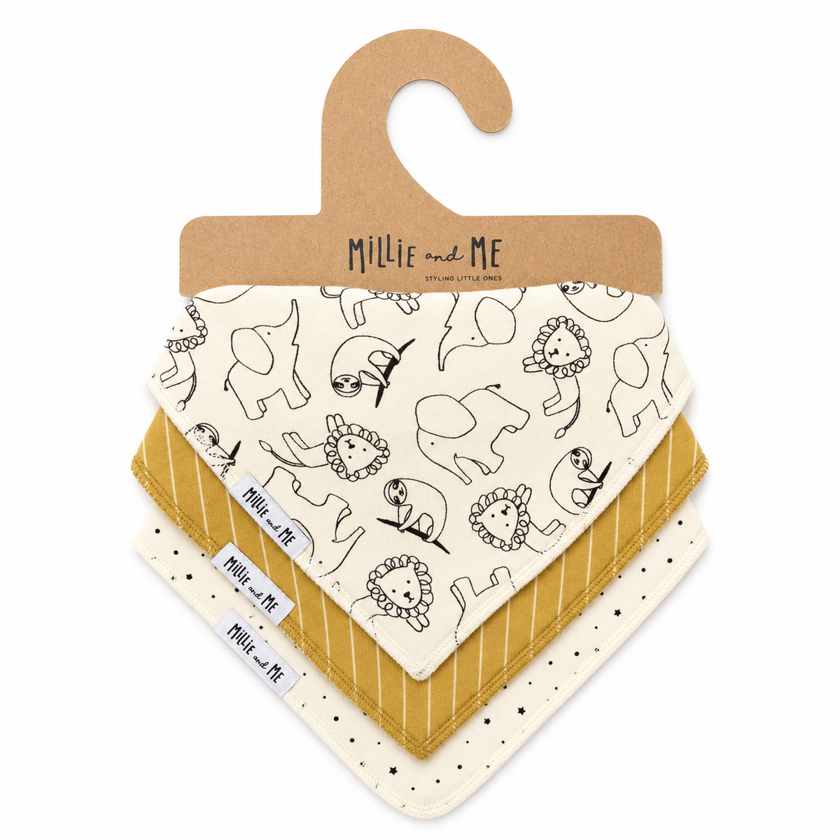 Three baby bandana bibs from Millie and Me, displayed on a brown cardboard hanger. The top bib is cream with black line art illustrations of animals, the middle is mustard yellow with thin vertical stripes, and the bottom is cream with small black stars.