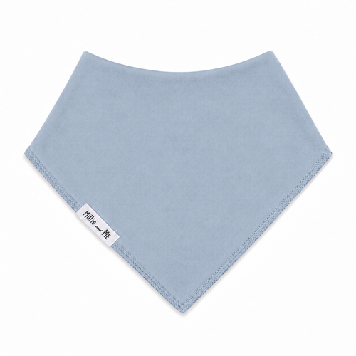 Millie and Me Citadel Bandana Bib in a soft deep Citadel blue-grey, featuring a simple plain design, 100% organic cotton front and adjustable nickel-free poppers for babies from newborn to 24 months.