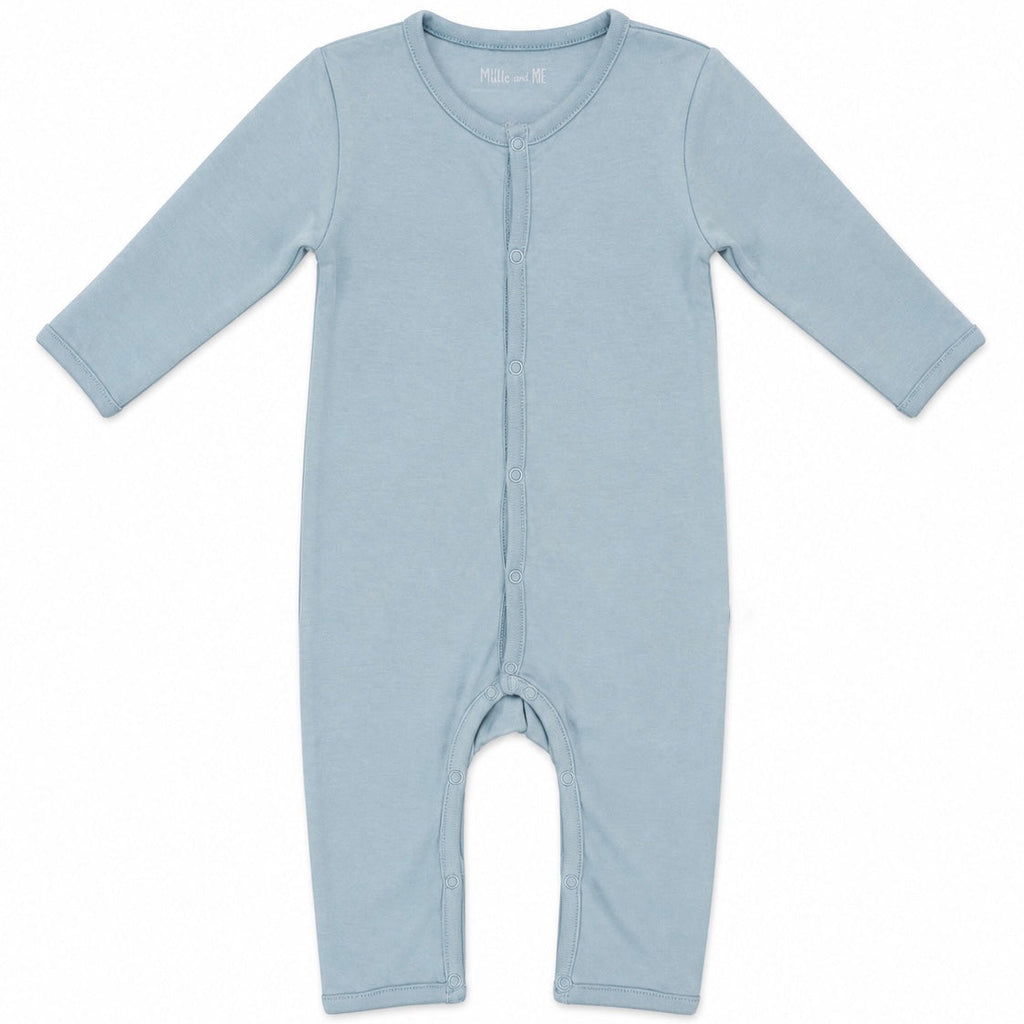 Millie and Me Plain Citadel organic cotton baby romper in soft blue-grey, with fold-over cuffs and snap buttons, flat lay on white background