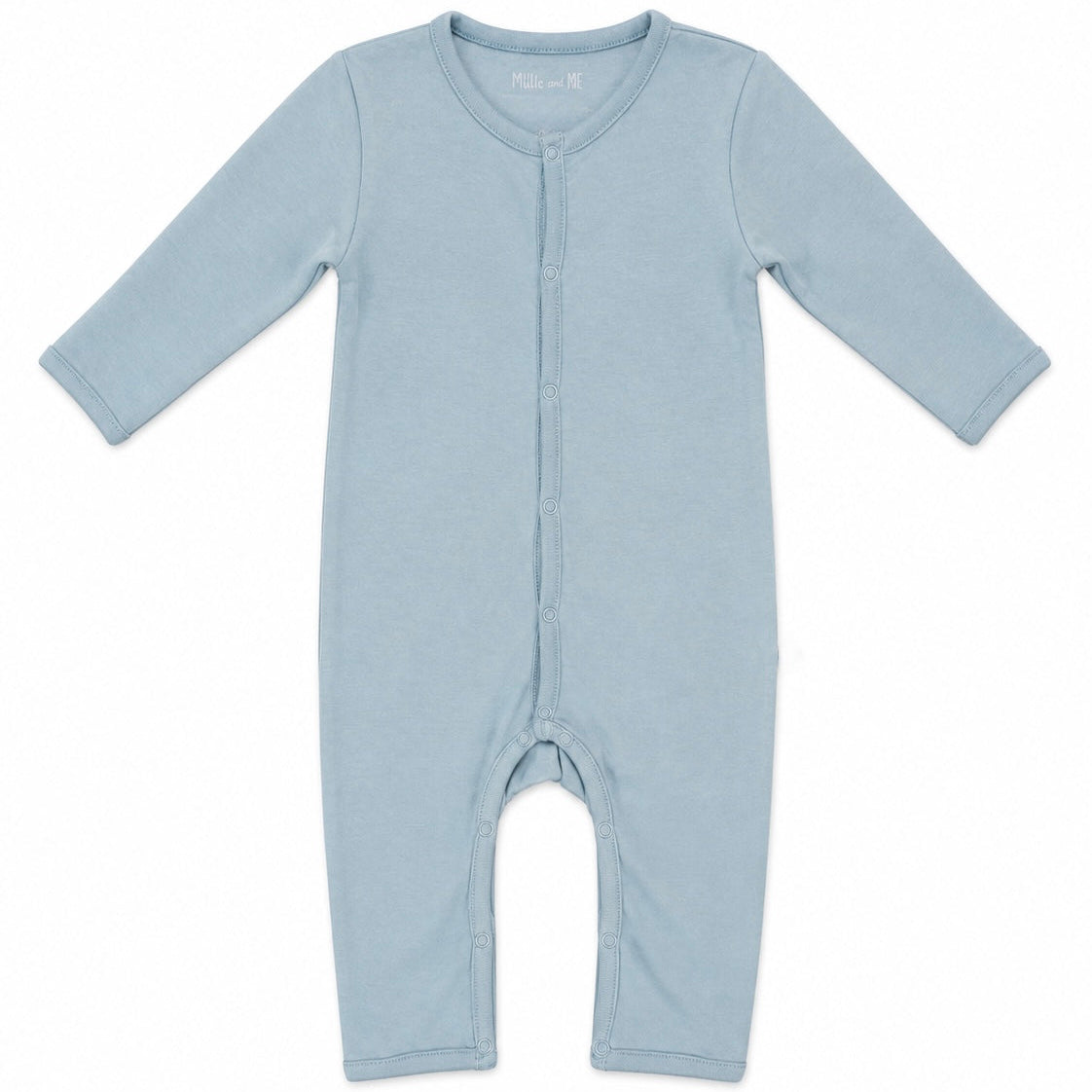 Millie and Me Plain Citadel organic cotton baby romper in soft blue-grey, with fold-over cuffs and snap buttons, flat lay on white background