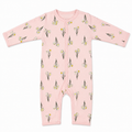 A baby long-sleeve footless one-piece sleeper in light pink, featuring an all-over print of white daffodils with yellow centers and dark green stems, displayed flat against a white background.