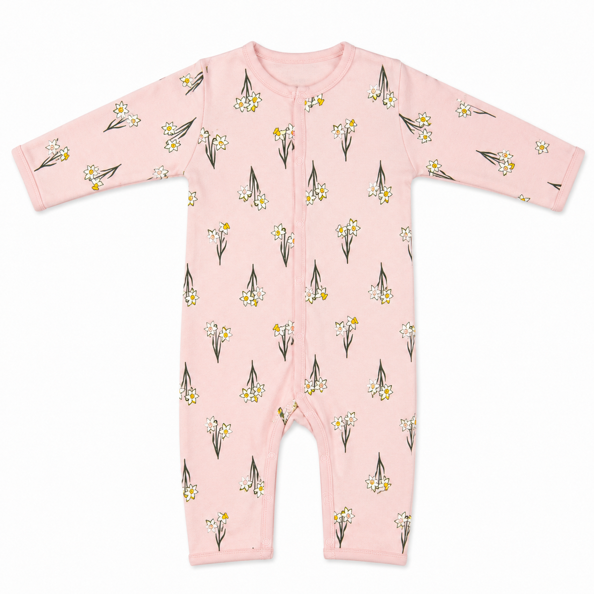 A baby long-sleeve footless one-piece sleeper in light pink, featuring an all-over print of white daffodils with yellow centers and dark green stems, displayed flat against a white background.
