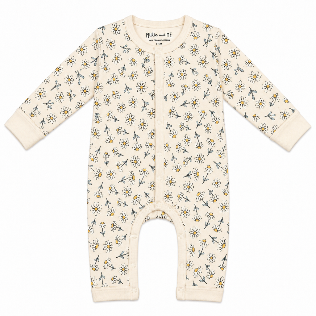 Organic cotton baby romper with delicate daisy flower print and long sleeves – Millie and Me babywear