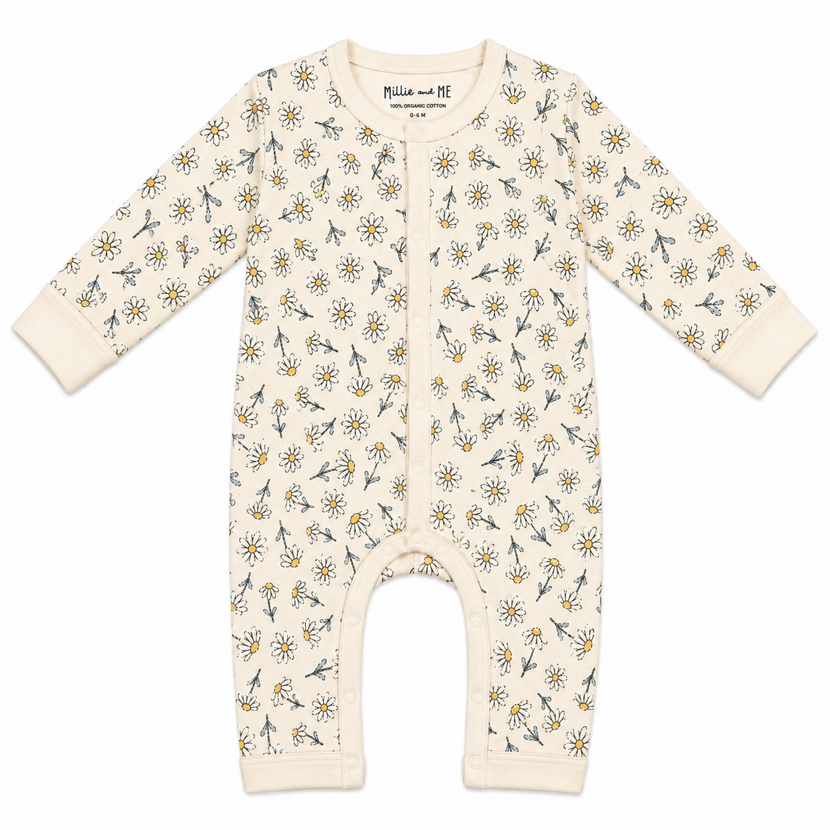 Organic cotton baby romper with delicate daisy flower print and long sleeves – Millie and Me babywear