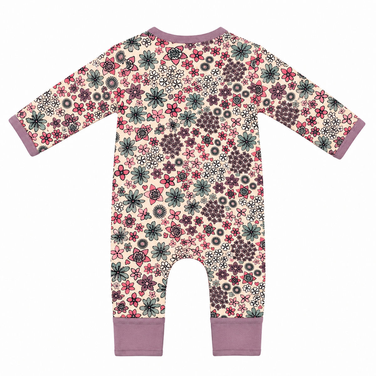 Millie and Me Ditsy Ash Rose organic cotton baby romper, back view, featuring a delicate floral print in soft ash rose, pink, green and cream tones.