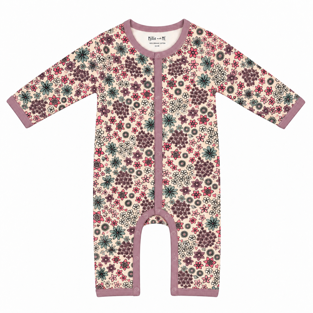 Millie and Me Ditsy Ash Rose organic cotton baby romper, front view, featuring a delicate floral print in soft ash rose, pink, green and cream tones.