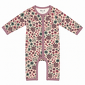 Millie and Me Ditsy Ash Rose organic cotton baby romper, front view, featuring a delicate floral print in soft ash rose, pink, green and cream tones.