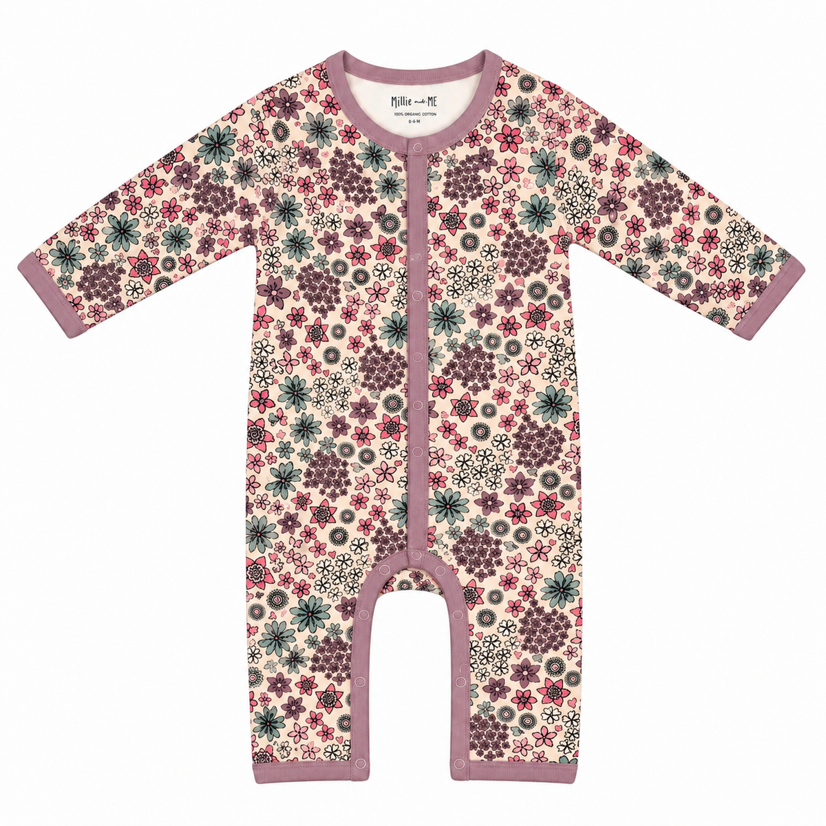 Millie and Me Ditsy Ash Rose organic cotton baby romper, front view, featuring a delicate floral print in soft ash rose, pink, green and cream tones.