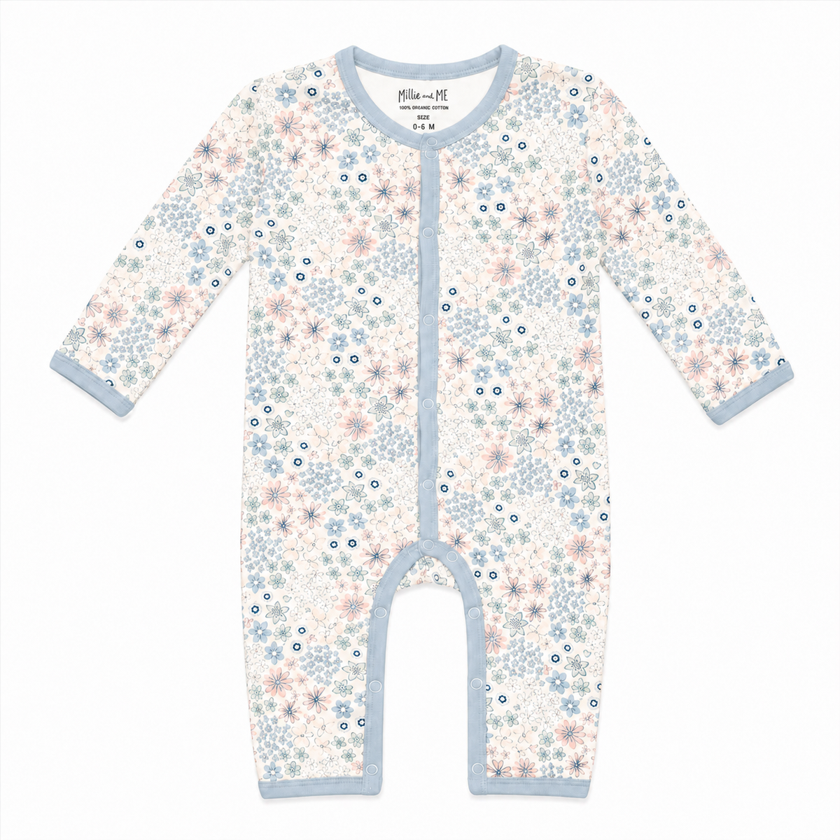 A long-sleeve baby footless one-piece sleeper with a delicate floral print in light blue, pink, and navy on an off-white background, featuring light blue trim.