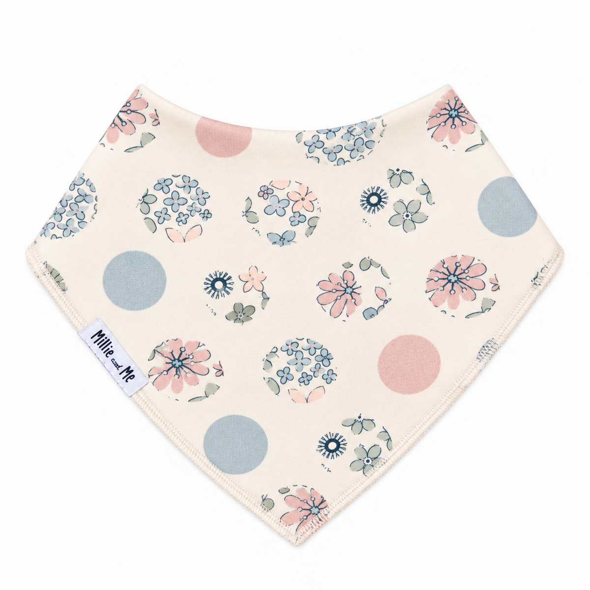 Cream floral baby bandana bib with pink and blue flower and dot print, organic cotton dribble bib for newborns and babies.