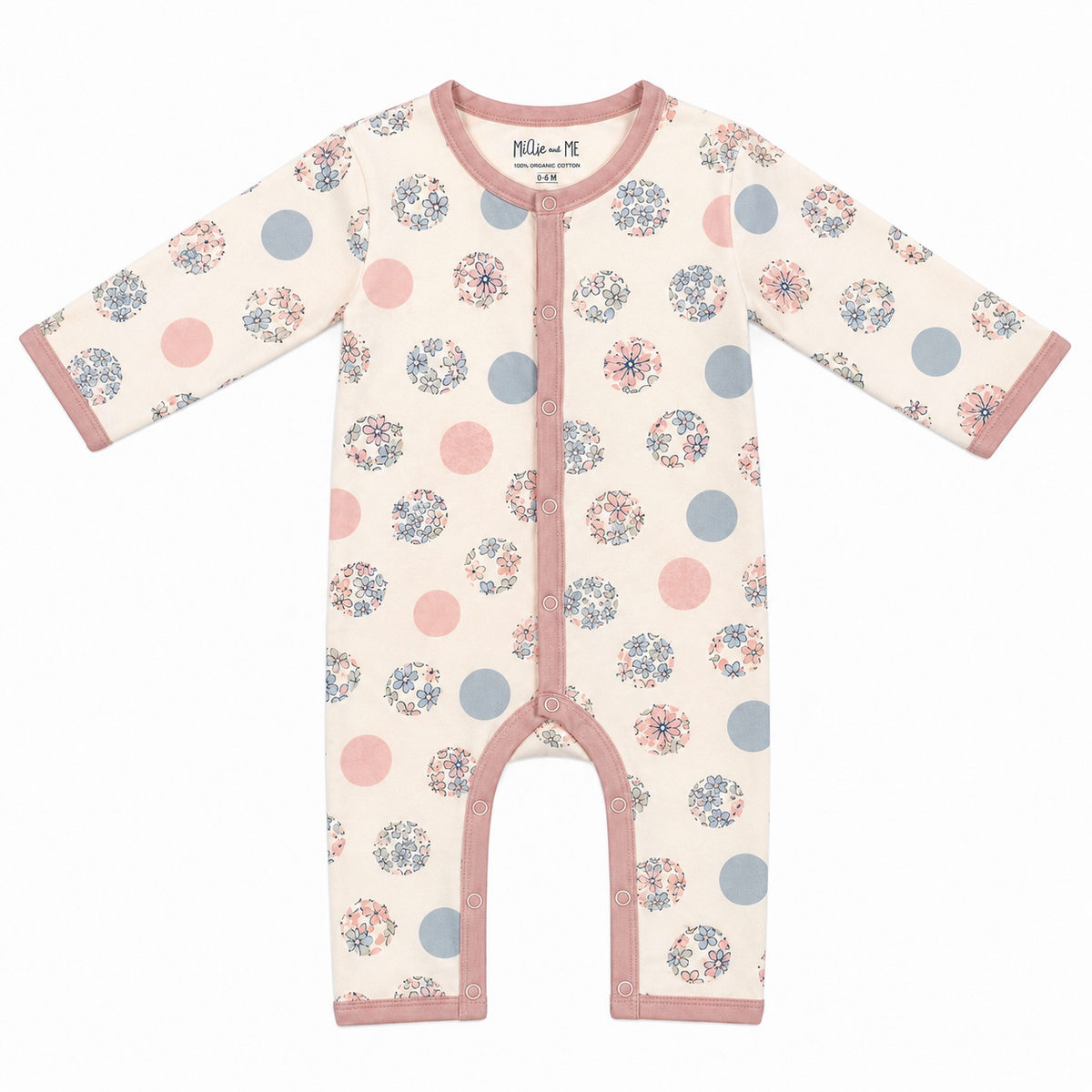 Millie and Me Ditsy Dots organic cotton baby romper, front view, featuring a soft cream base with delicate floral motifs and pastel pink and blue dots.