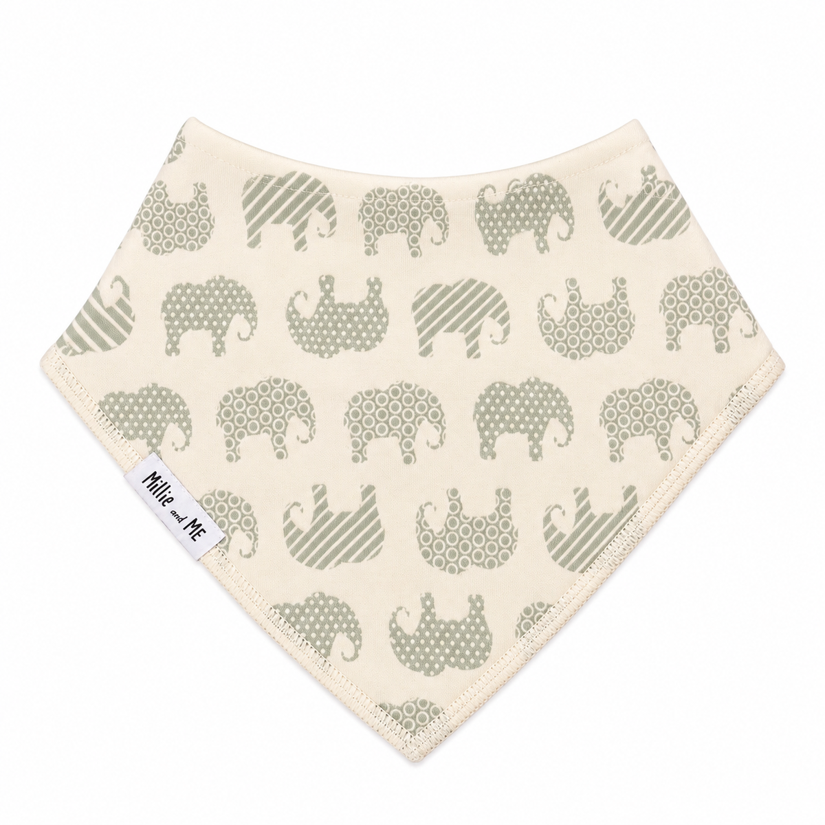 Cream baby bandana bib with sage green elephant print, organic cotton dribble bib for newborns and babies.