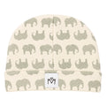 Cream organic cotton baby hat with sage green elephant print and folded brim by Millie and Me Ireland.