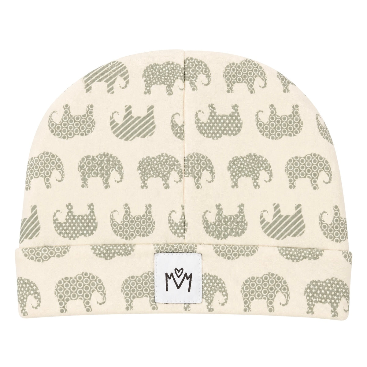 Cream organic cotton baby hat with sage green elephant print and folded brim by Millie and Me Ireland.