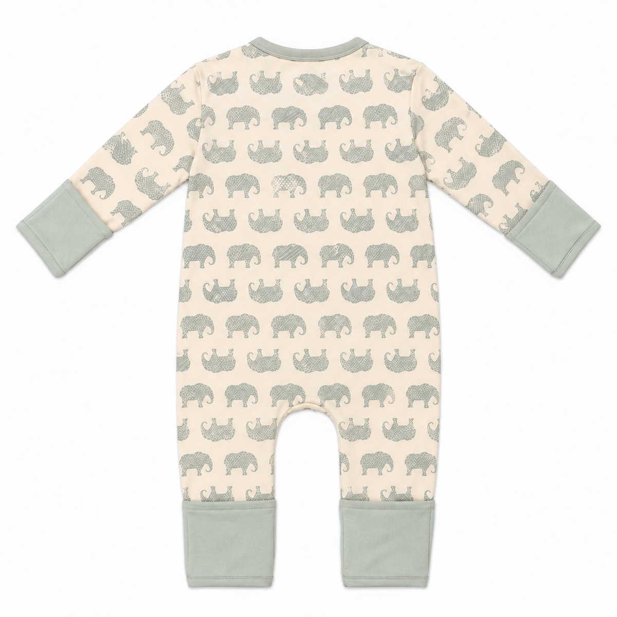 Millie and Me cream organic cotton baby romper with grey elephant print and sage green fold-over cuffs