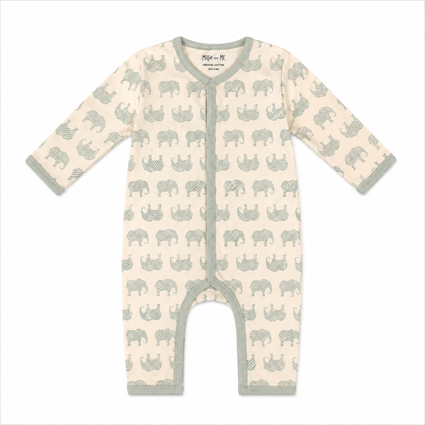 Millie and Me organic cotton baby romper in cream with sage green elephant print, long sleeves and snap fastening, flat lay on white background