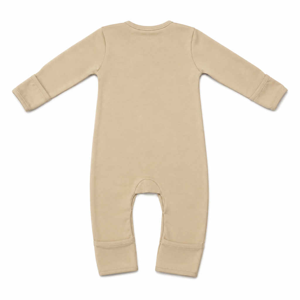 A long-sleeve baby footless romper in a solid light beige color, shown from the back on a clean white background.