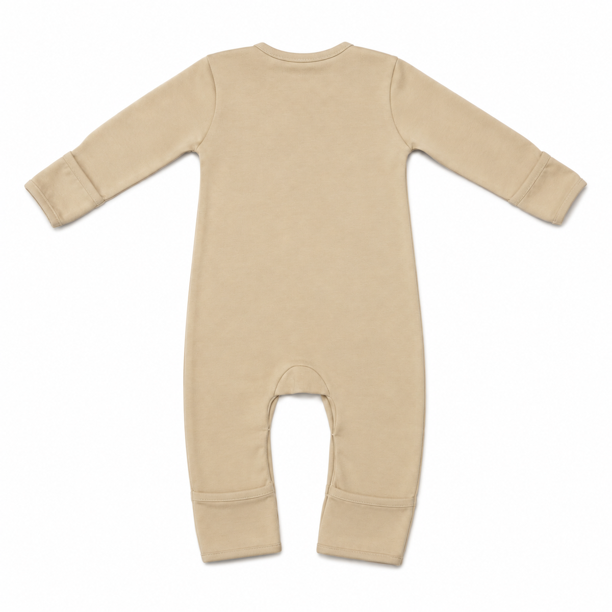 A long-sleeve baby footless romper in a solid light beige color, shown from the back on a clean white background.