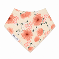 Millie and Me Floral Watercolour Bandana Bib, featuring a delicate hand-painted floral print in soft coral, peach and cream tones with subtle green foliage, made from 100% organic cotton with adjustable nickel-free poppers for babies from newborn to 24 months.