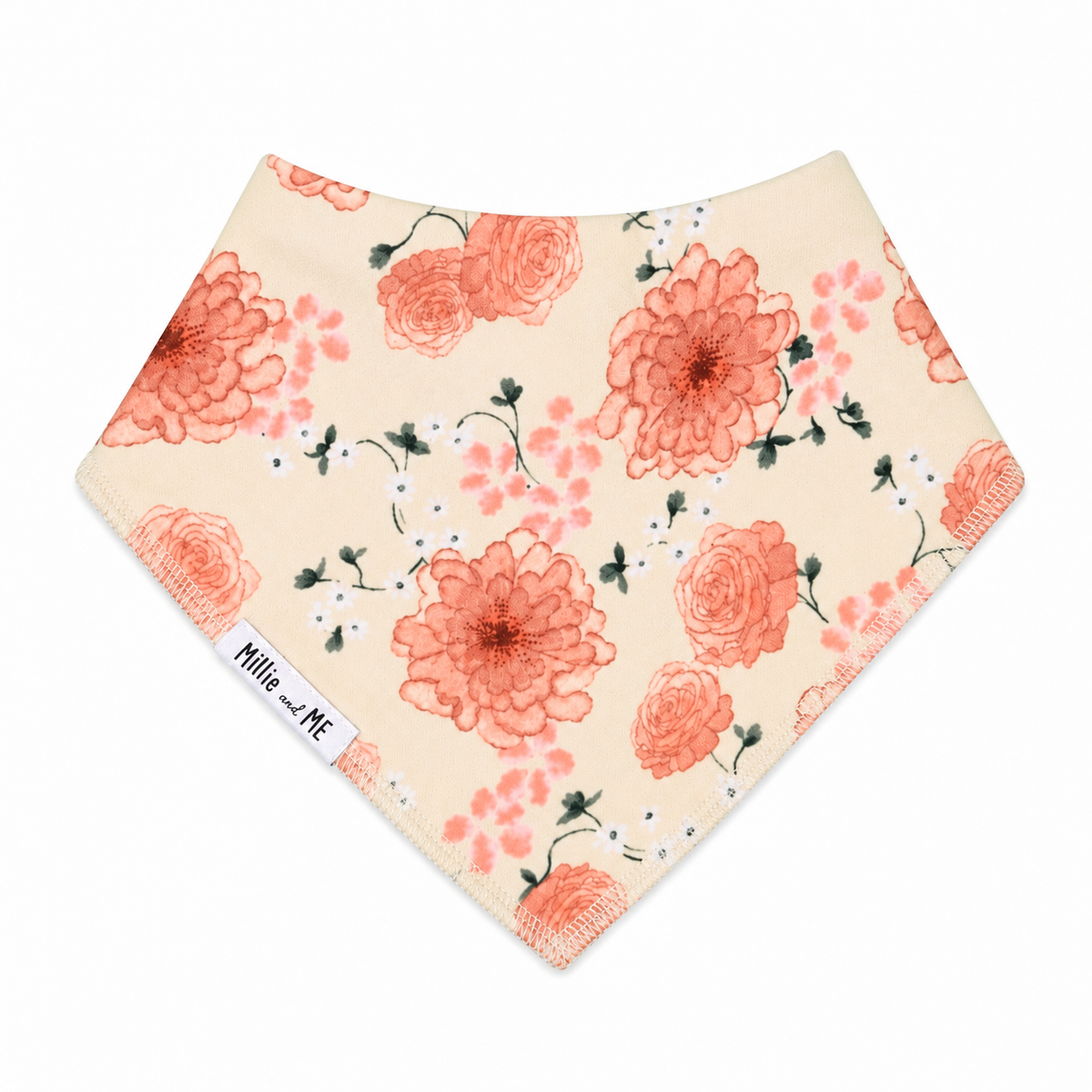 Millie and Me Floral Watercolour Bandana Bib, featuring a delicate hand-painted floral print in soft coral, peach and cream tones with subtle green foliage, made from 100% organic cotton with adjustable nickel-free poppers for babies from newborn to 24 months.