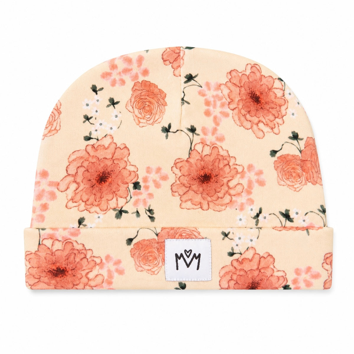 Organic cotton baby hat with pretty coral floral print and soft cream background – Millie and Me babywear