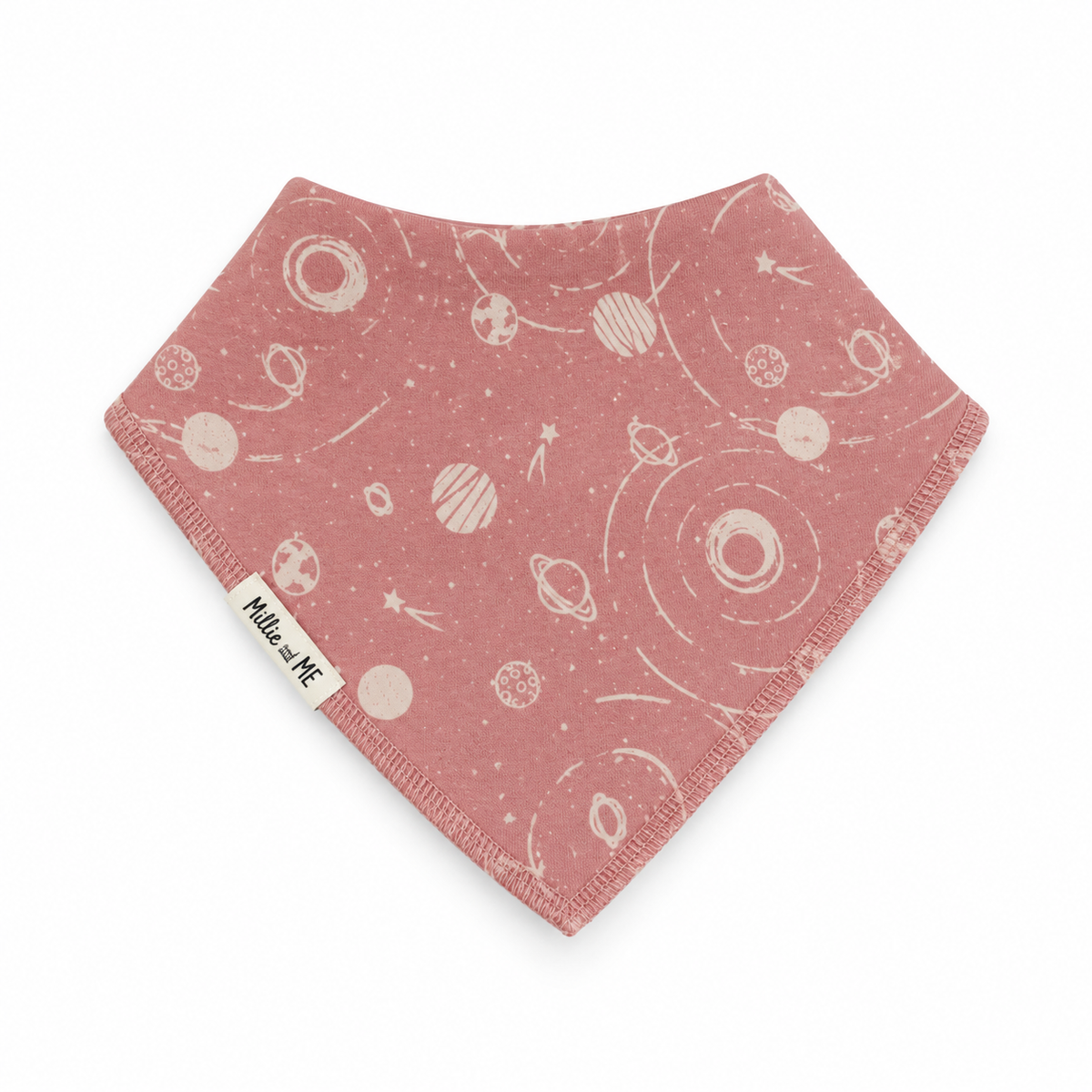 Pink baby bandana bib with space rockets and planets print, organic cotton baby dribble bib by Millie and Me Ireland.