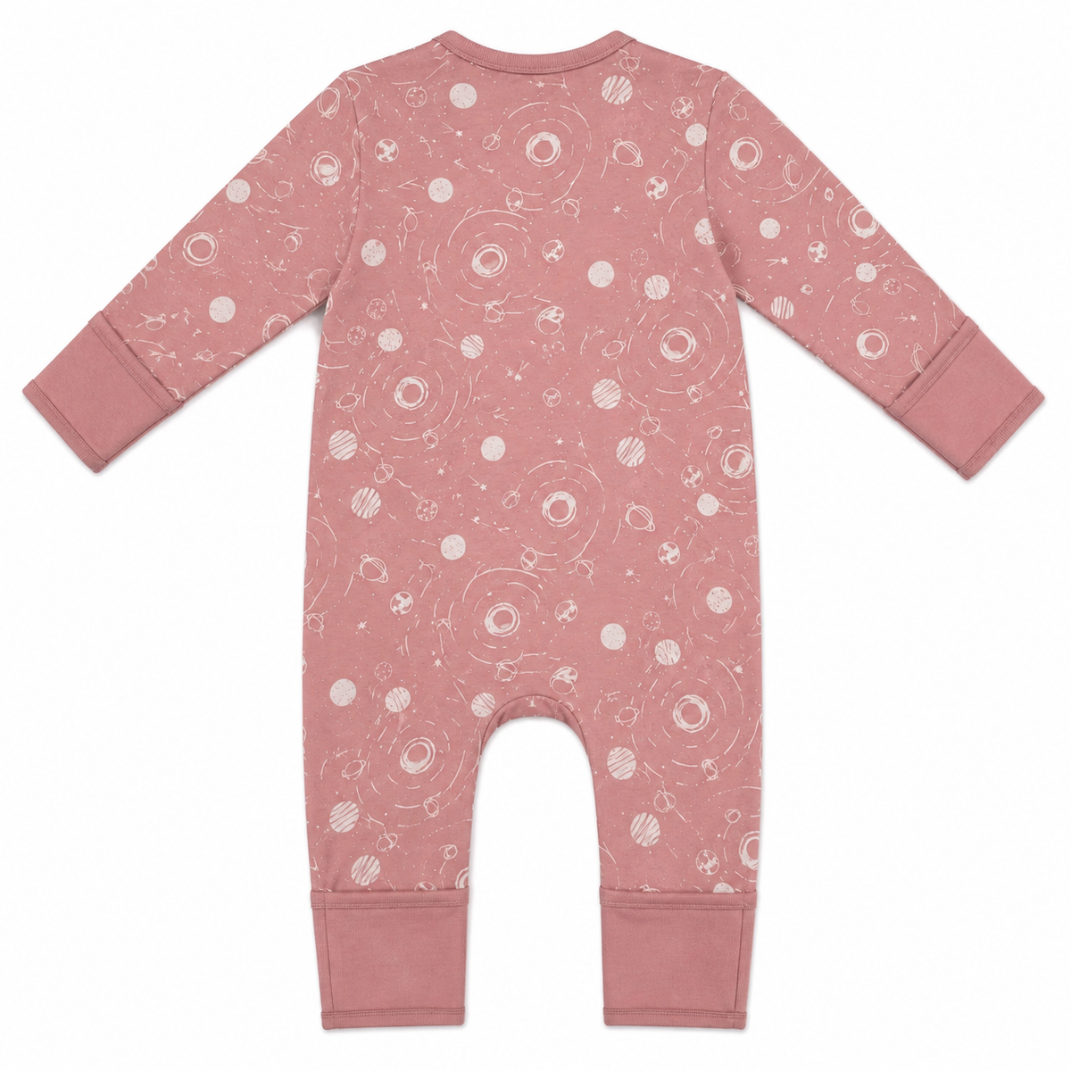 A baby long-sleeve footless romper in dusty rose pink with a white hand-drawn space-themed pattern of planets, stars, and orbits, shown flat on a white background.