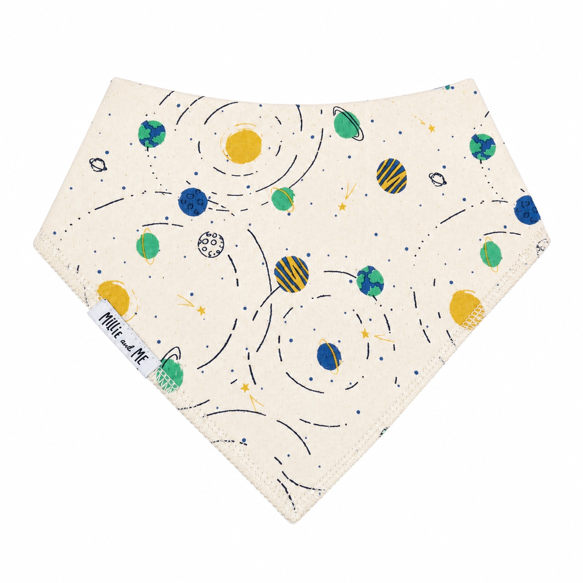 Millie and Me Bandana Bib in Galaxy Green & Blue – organic cotton baby bib with a playful space print featuring planets, orbits and stars in green, blue and yellow on a cream background, Millie and Me label detail