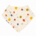 Millie and Me Bandana Bib in Galaxy Citadel – organic cotton baby bib with a playful space print featuring planets, orbits and stars in orange, yellow and slate blue on a cream background, Millie and Me label detail