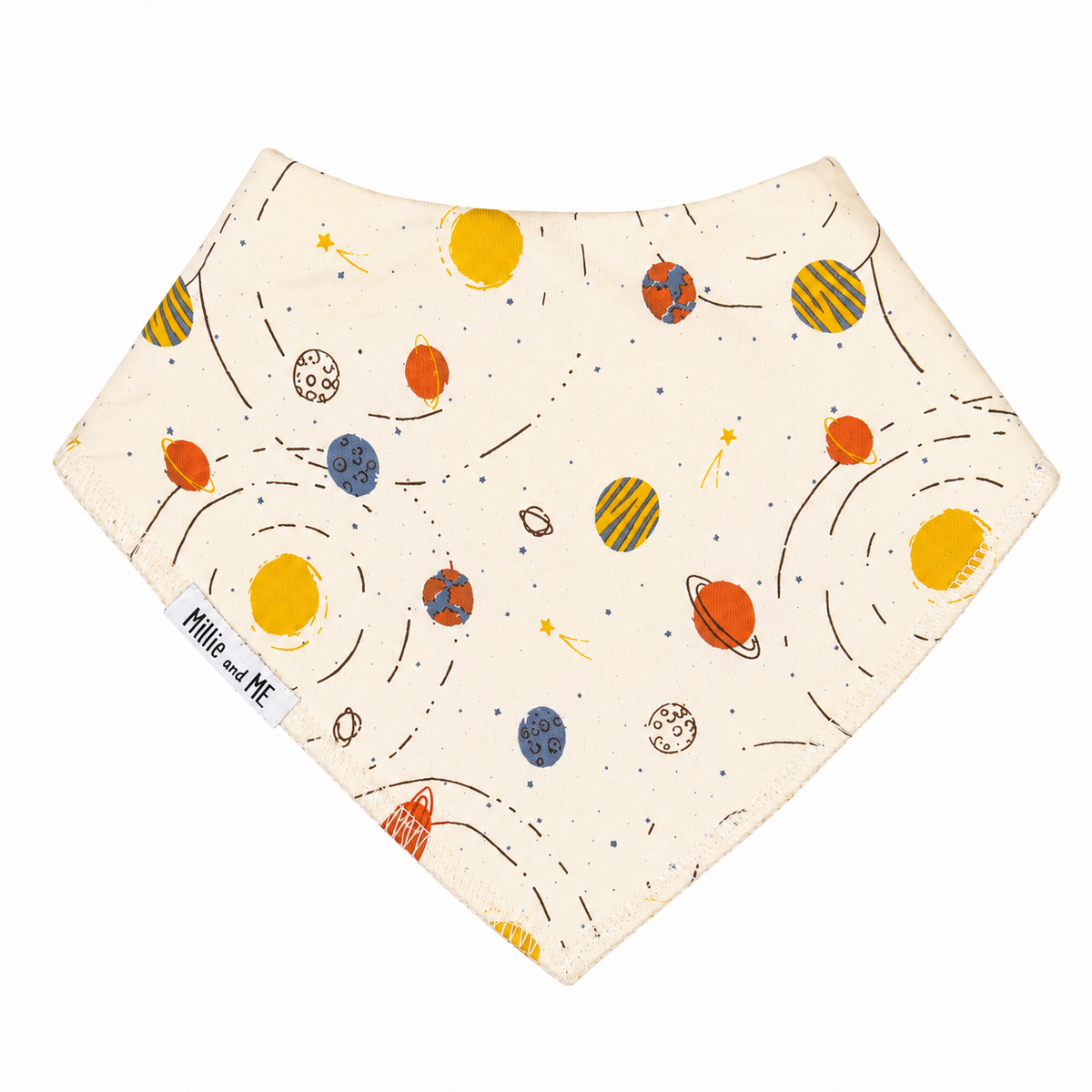 Millie and Me Bandana Bib in Galaxy Citadel – organic cotton baby bib with a playful space print featuring planets, orbits and stars in orange, yellow and slate blue on a cream background, Millie and Me label detail