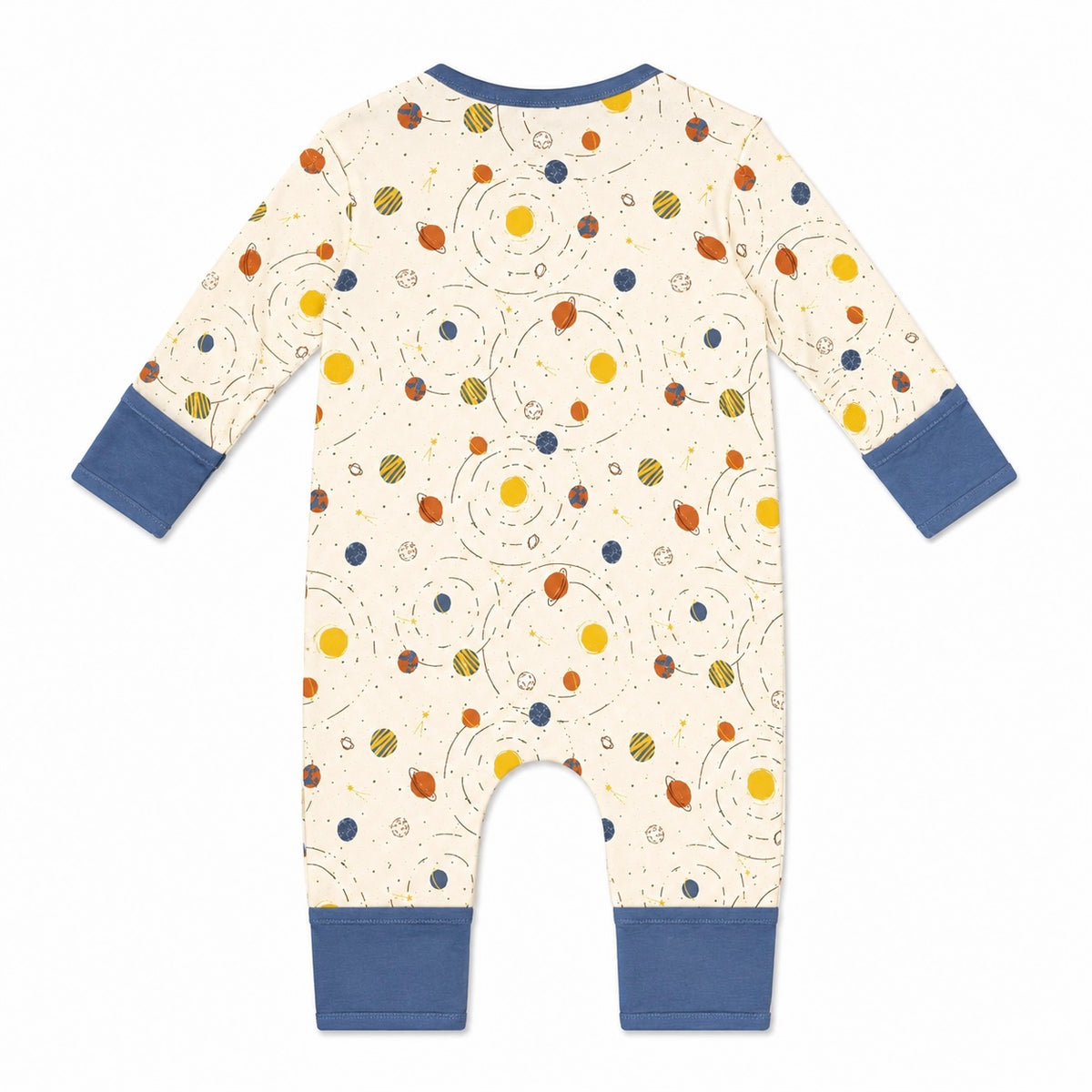 A baby long-sleeve footless romper shown from the back, featuring an off-white background with a colorful cosmic pattern of planets, stars, and orbits, finished with solid blue cuffs and leg hems.
