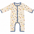 A baby long-sleeve footless one-piece romper with a cream background, blue trim, and a colourful space-themed print of planets and stars.