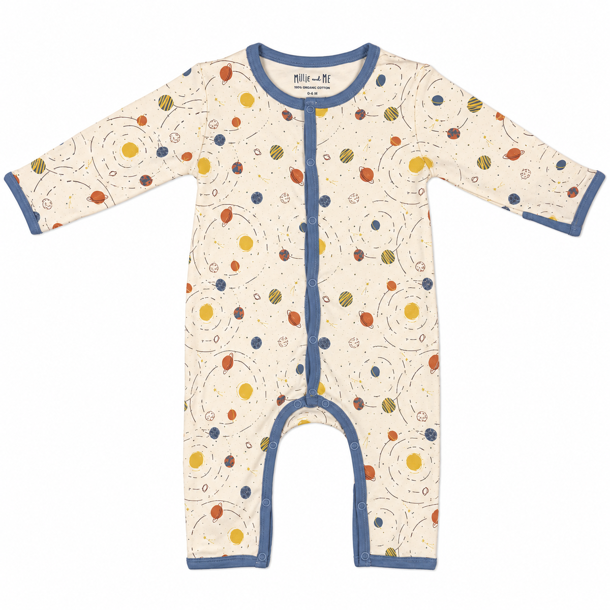 A baby long-sleeve footless one-piece romper with a cream background, blue trim, and a colourful space-themed print of planets and stars.