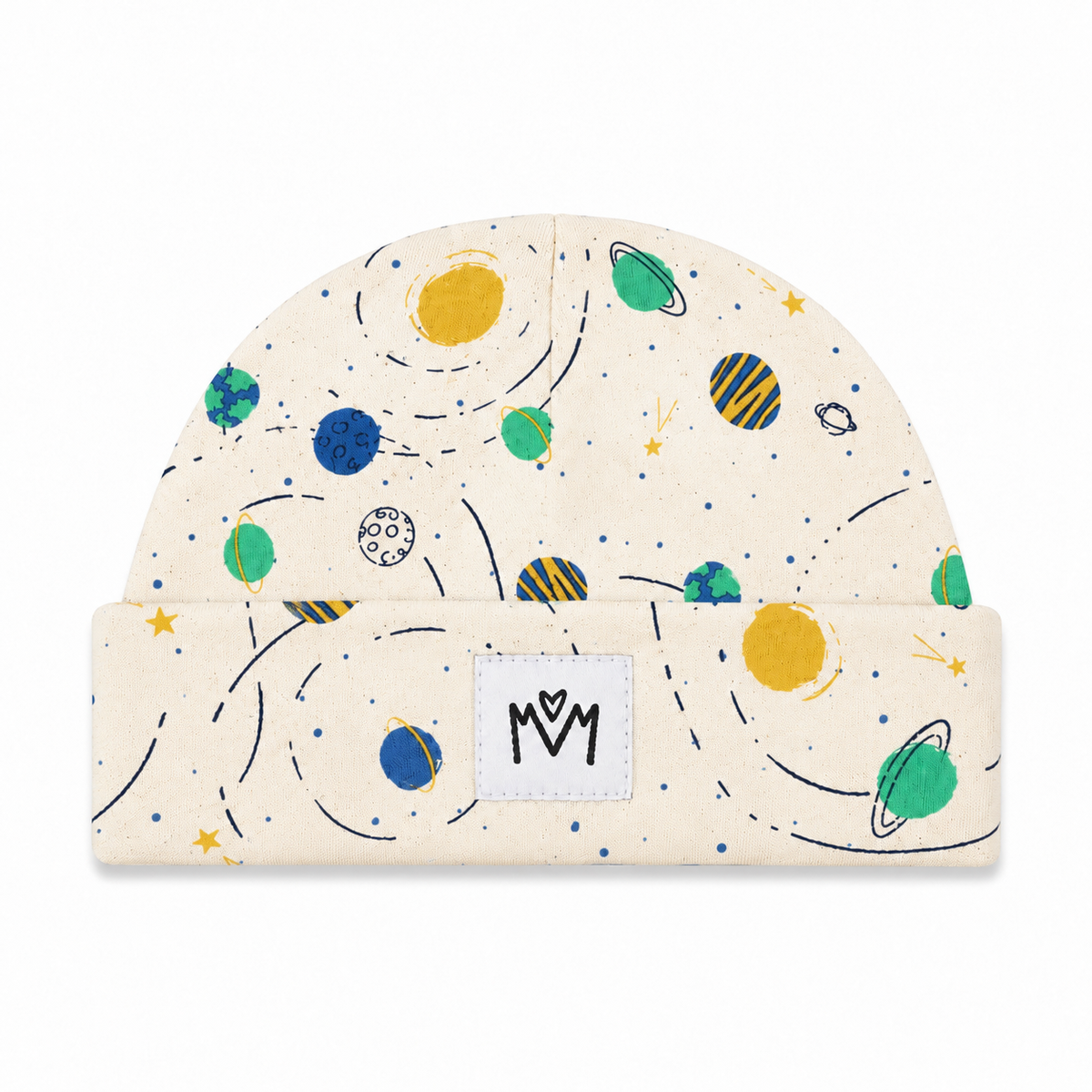 Millie and Me Galaxy Green & Blue Beanie Hat featuring a cream background with colourful green, blue and yellow planets, stars and space motifs, with a soft folded cuff and Millie and Me logo.
