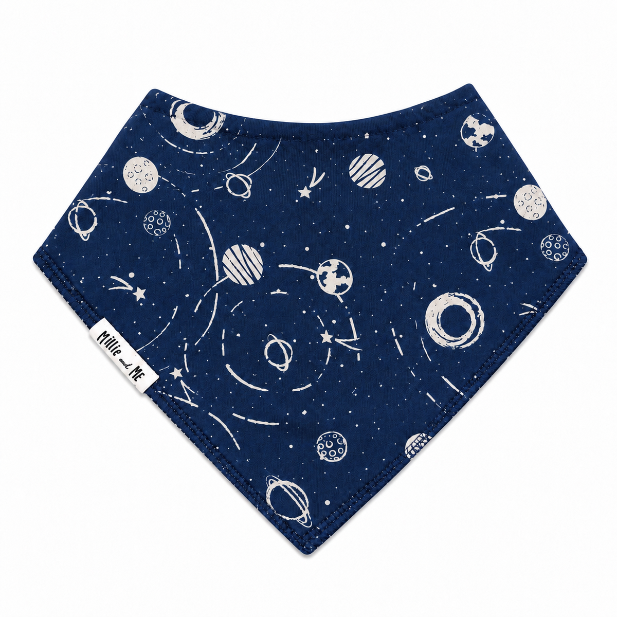 Millie and Me Galaxy Sargossa Sea Bandana Bib, featuring a deep navy blue galaxy print with planets, stars, moons and orbital details, made from 100% organic cotton with adjustable nickel-free poppers for babies from newborn to 24 months.