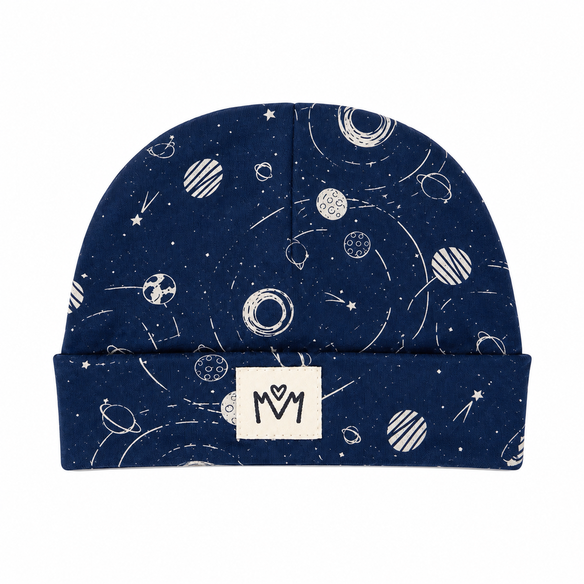 Millie and Me Galaxy Sargossa Sea Beanie Hat featuring a deep navy galaxy print with white planets, stars, moons and orbital details, with a soft folded cuff and Millie and Me logo.