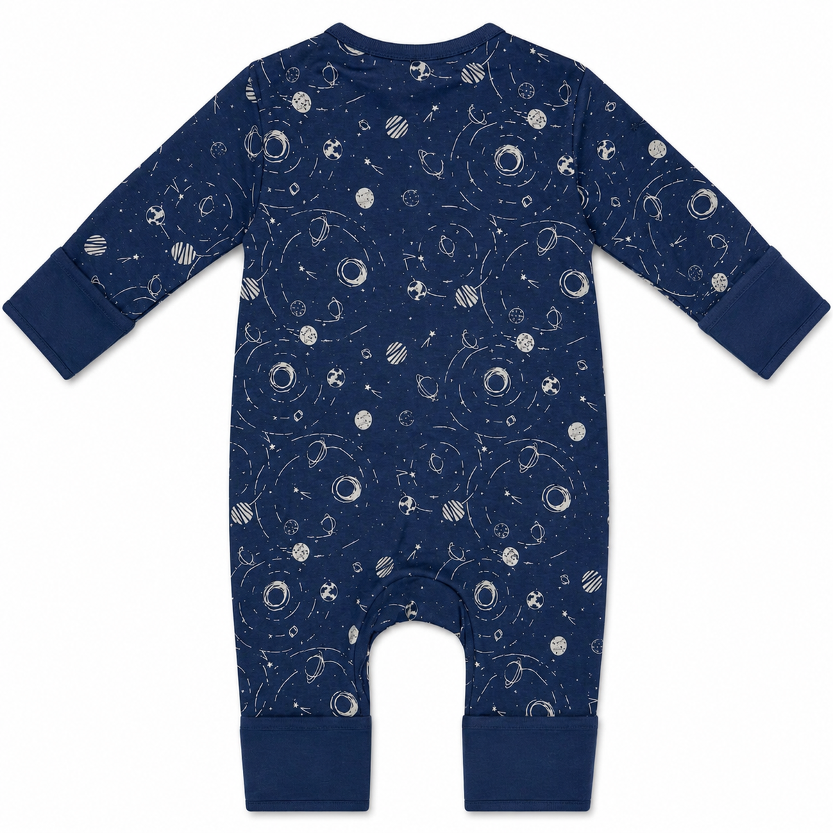 A baby long-sleeve footless one-piece romper in navy blue with a white space-themed print of planets, stars, and orbits, shown flat on a white background.