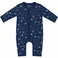 A baby long-sleeve footless one-piece romper in navy blue with a white space-themed print of planets, stars, and orbits, shown flat on a white background.